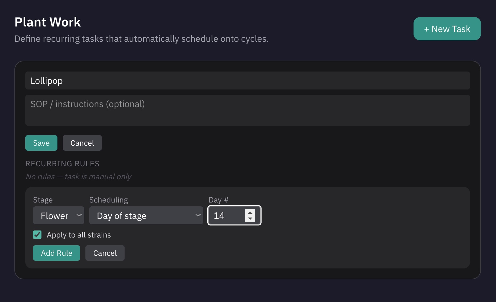 Cyclops plant work task editor with recurring scheduling rules