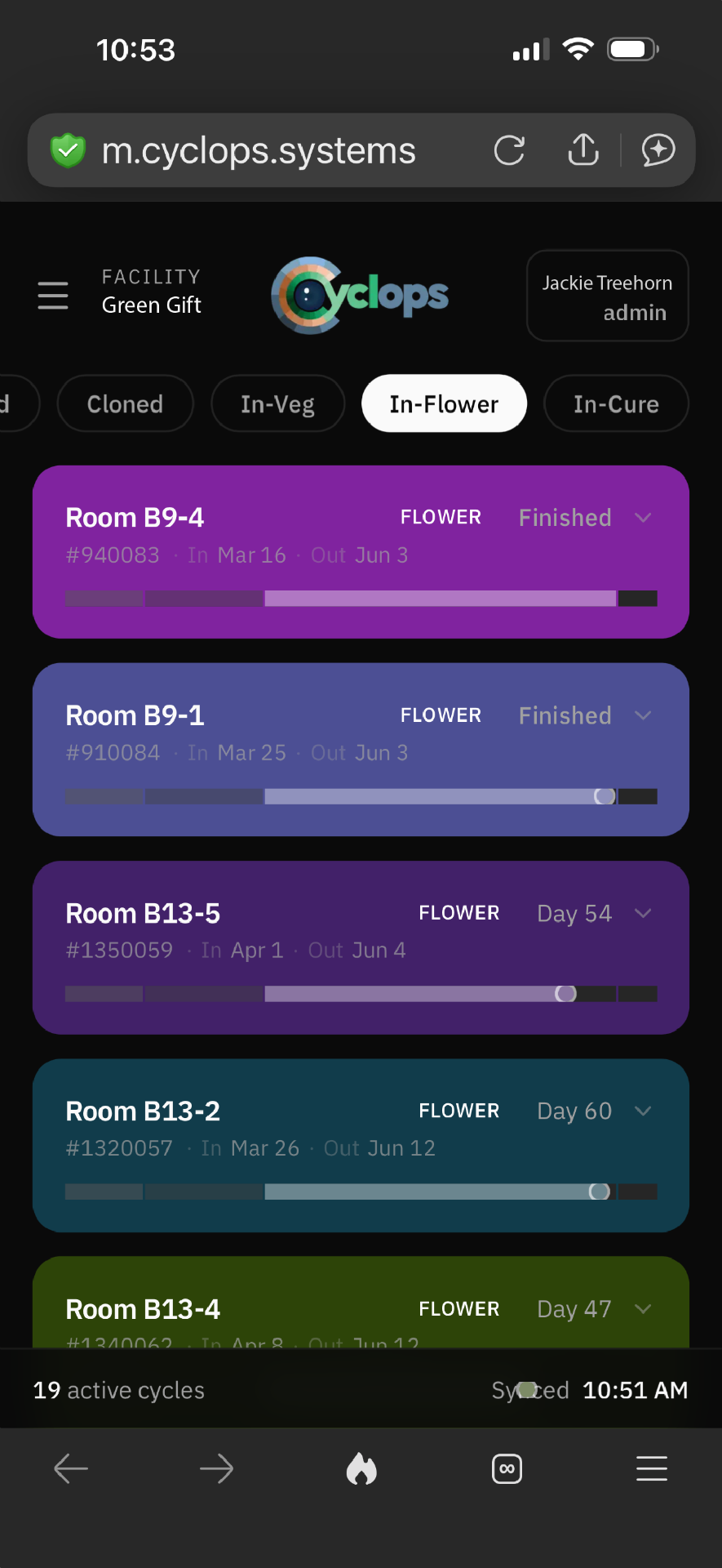 Cyclops mobile In-Flower cycle list expanding Room B9-4 to reveal strains and timeline