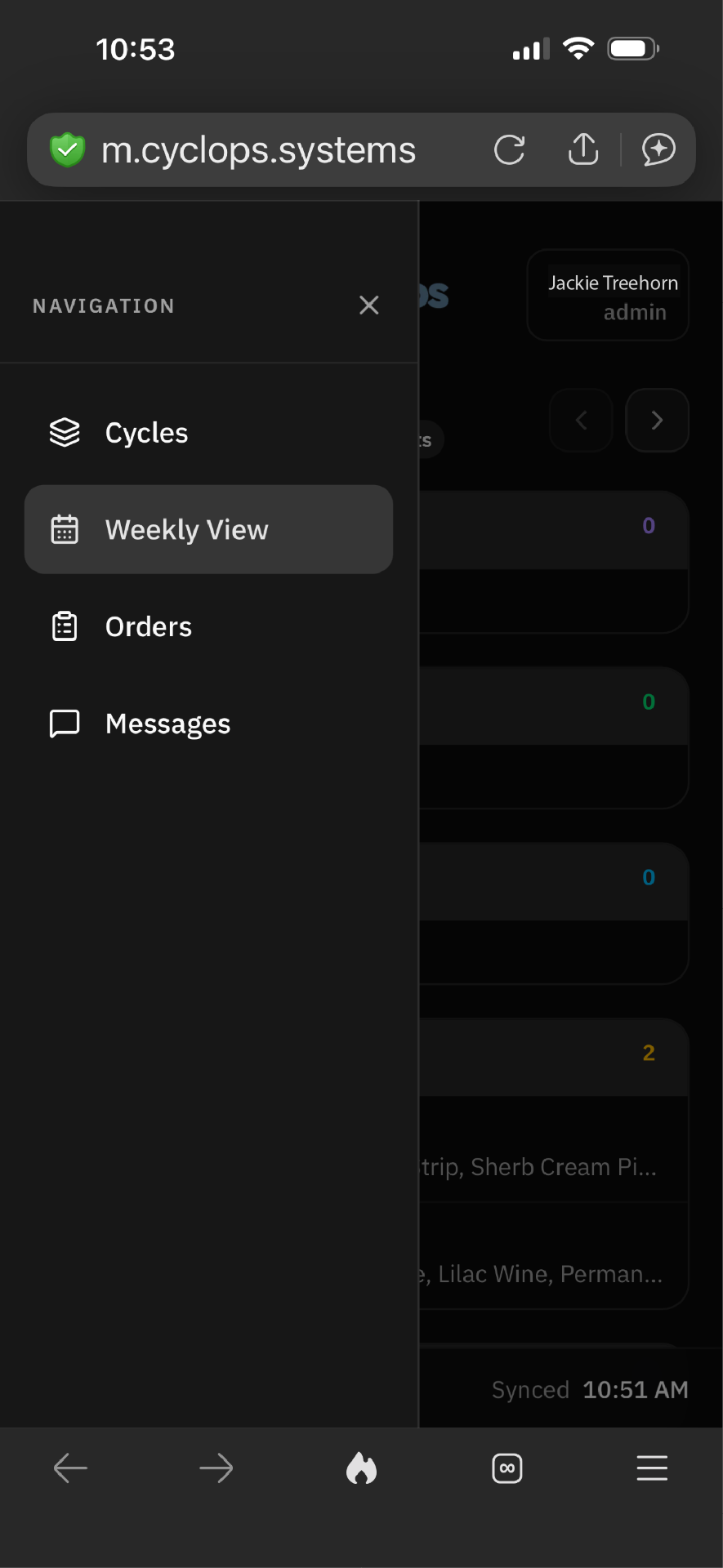 Cyclops mobile navigation drawer with Cycles, Weekly View, Orders, and Messages