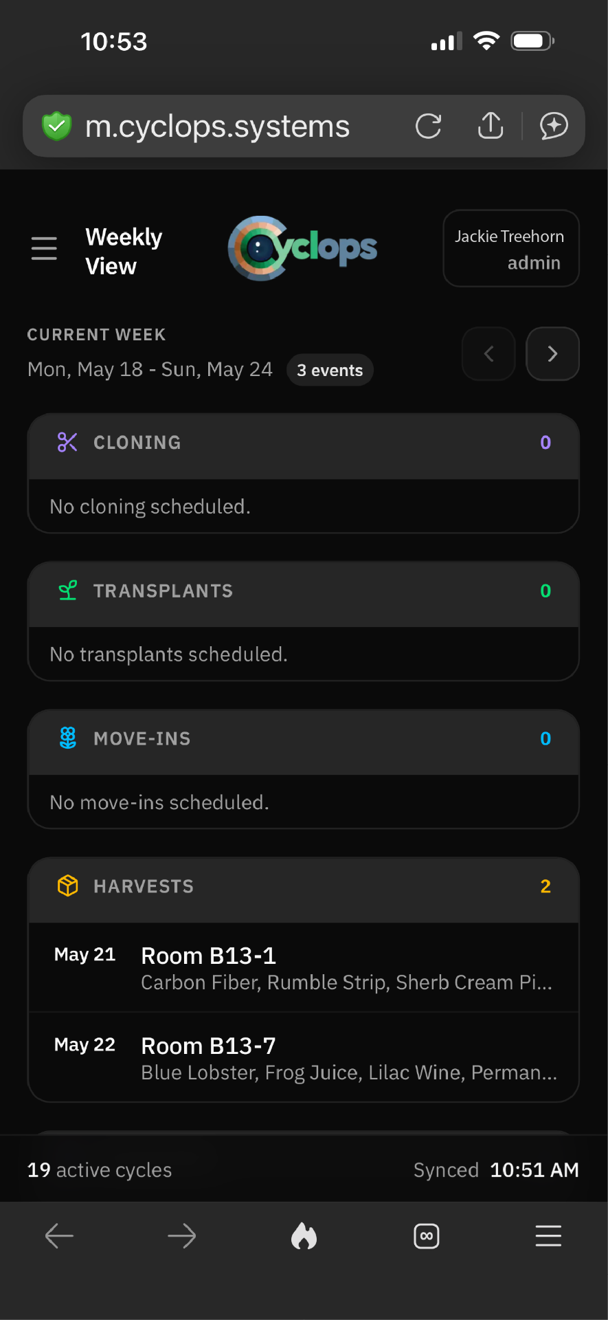 Cyclops mobile weekly view with cloning, transplants, move-ins, and harvests